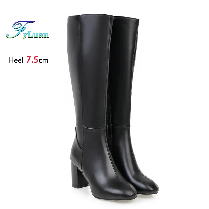 Plus Size 48 Square Toe Knee High Boots Women Side Zipper Winter Warm Long Shoes Comfort Thick Heel 7.5CM Black Leather boots_highheel