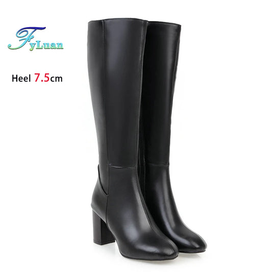 Plus Size 48 Square Toe Knee High Boots Women Side Zipper Winter Warm Long Shoes Comfort Thick Heel 7.5CM Black Leather boots_highheel