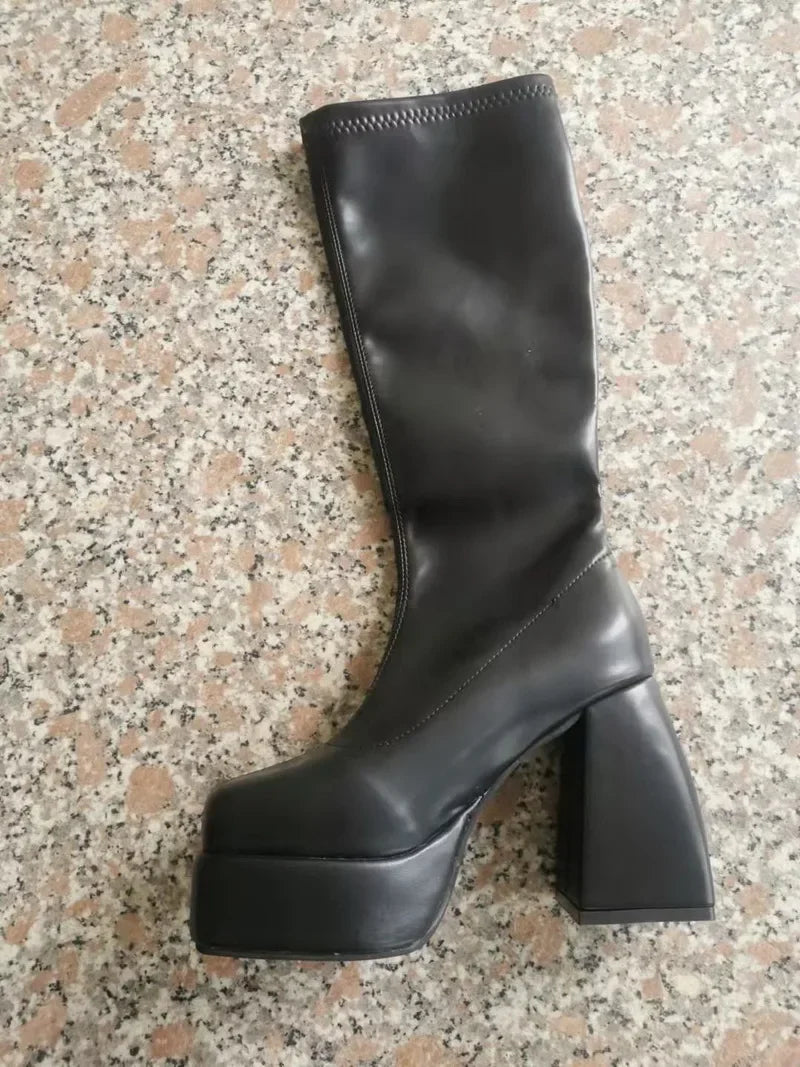 Autumn/Winter Square Headed Thick High Heels Knee-High Elastic Boots for Womens on Platform Black Knight Boot Sexy Party Pumps boots_platform