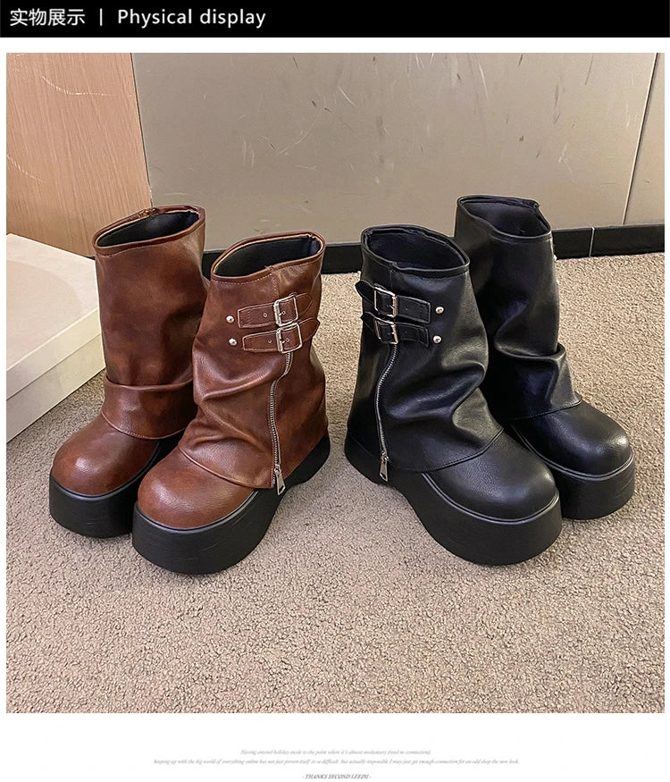 Soft Leather Ankle Mid Calf Boots Winter Autumn High Platform Wedge British Booties Woman New Ladies Chunky Motorcycle Boots 9CM boots_platform