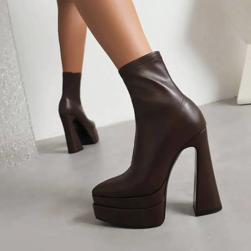 REAVE CAT Ladies Boots 15cm Shaft Stretchy Pointed Toe High Heel 6 inch Platform 5cm Big Size 46 Party boots_platform