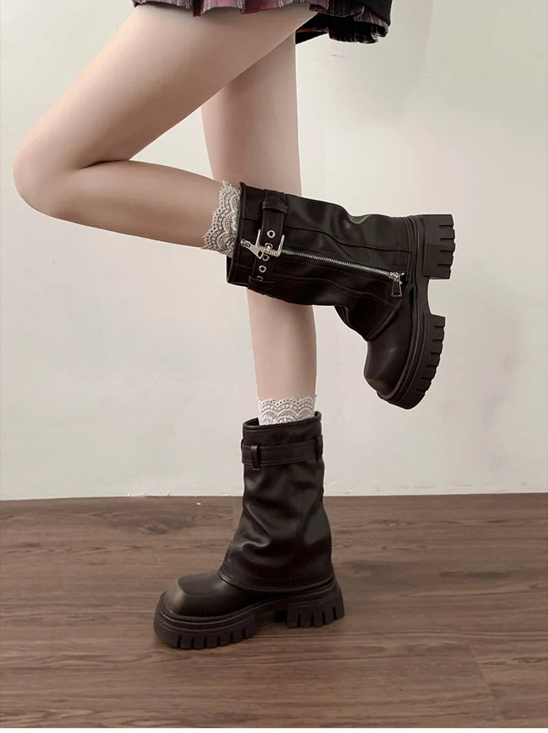 Winter Women Biker Boots Fashion Belt Buckle Ladies Elegant Platform Flats Short Booties Casual Women's Knight Booties boots_platform