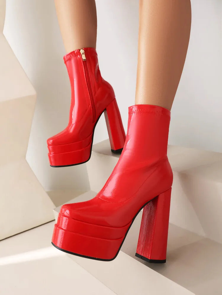 High Heeled Women Boots Square Toe Zipper Ankle Platform Shoes Cool Fashion Punk Gothic New Brand Winter Elastic Boots Woman boots_platform