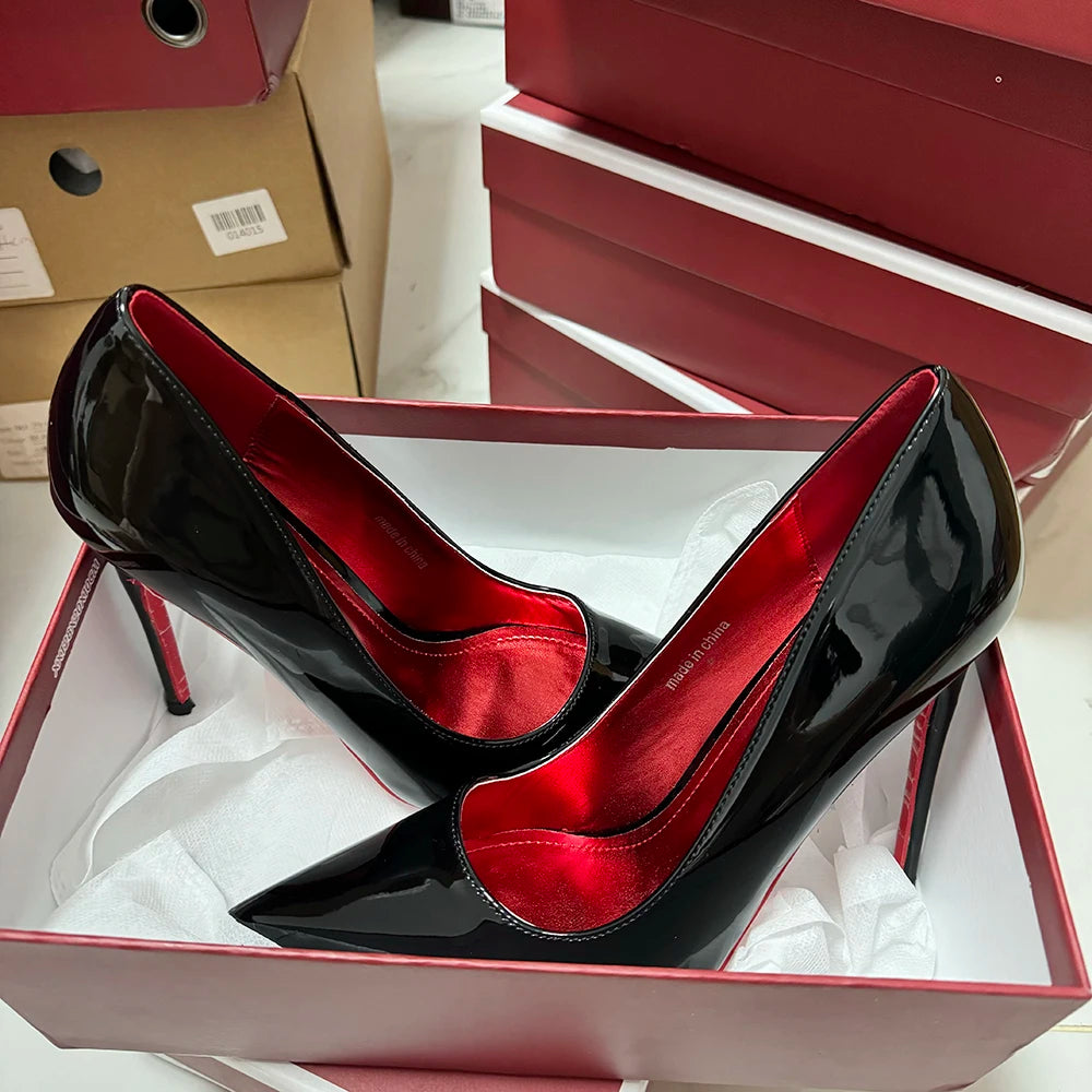 Newly 12cm Women Sexy Glossy Black Patent Pumps Shallow Stilettos Elegant Slip On High Heels Pointed Toe Party Woman Dress Shoes heels_stiletto