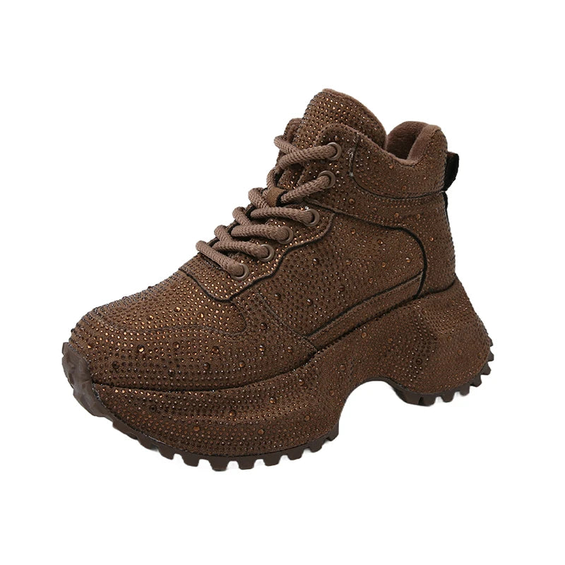 7CM Winter Women Shiny Rhinestones Shoes Casual Plush High Top Sneakers Women Stylish Sport Shoes Lace-Up Platform Luxury  sneakers_platform