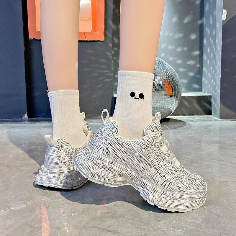 Women Sneakers Spring Lace-Up High Heel Platform Lace Up Silver Crystal Casual Working Shoes Wearing night running shoes outside sneakers_platform