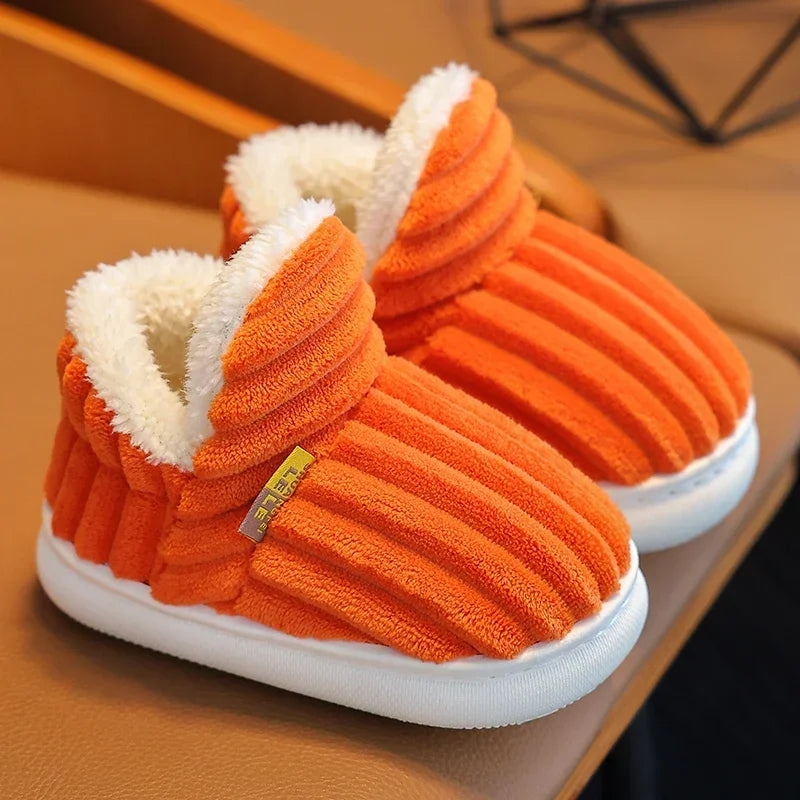 New Winter Concise Stripe Plush Slippers Children's Non-slip Soft Sole Kids Boys Girls Heel Wrap Warm High Home Cotton Shoes kids_shoes