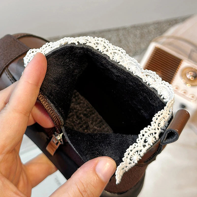 Lolita Style Baby Girls Short Boots Patch Patent Leather Girls Wedge Shoes Lace Flower Bordered Winter School Shoes Child H09241 kids_shoes