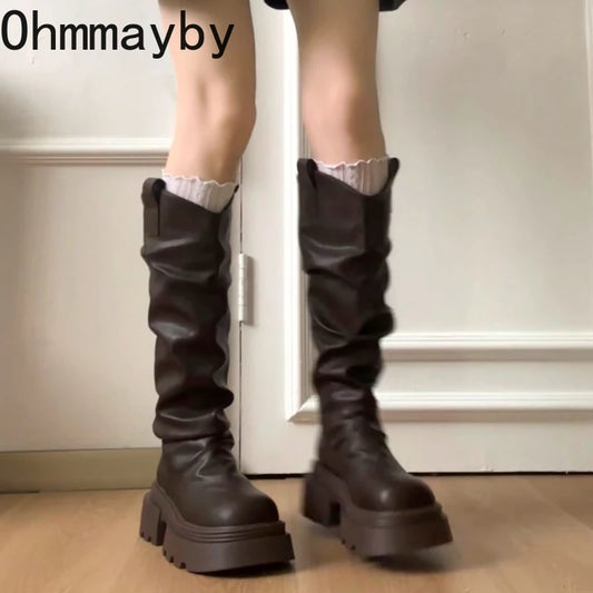Autumn Winter Platform Thick Bottom Women Long Boots Fashion Slip On Shoes Vintage Ladies Knight Botas boots_platform