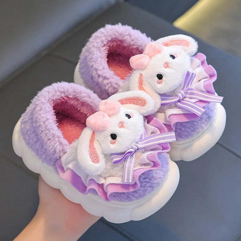 2024 New Winter Children's Cotton Slippers - Cute and Warm Fleece Rabbit Fur Baby's Home Cotton Slippers for Girls kids_shoes