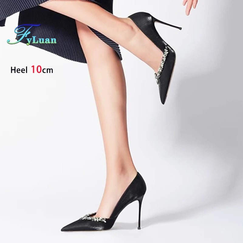 Black High Heels 10cm 8cm 6cm Women's Shoes Thin Heels Microfiber Pointed Head Ladies Pumps Rhinestone Bead Stiletto Party Shoes heels_stiletto