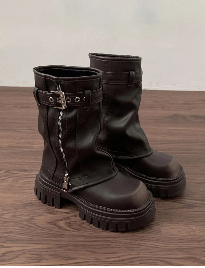 Winter Women Biker Boots Fashion Belt Buckle Ladies Elegant Platform Flats Short Booties Casual Women's Knight Booties boots_platform