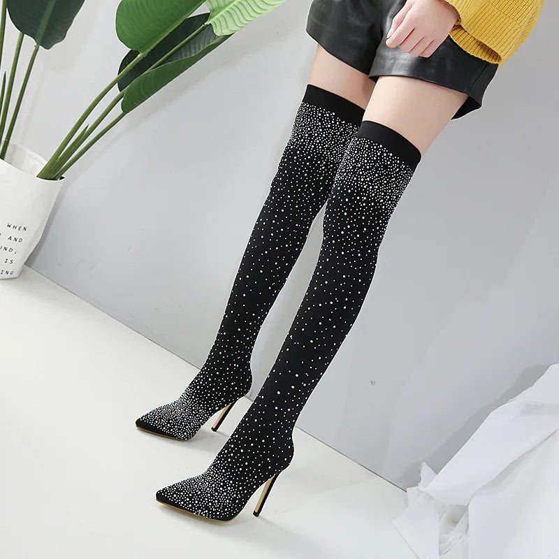 Design Crystal Rhinestone Stretch Fabric Sexy High Heels Sock Over-the-Knee Boots Pointed Toe Pole Dancing Women Shoes boots_highheel