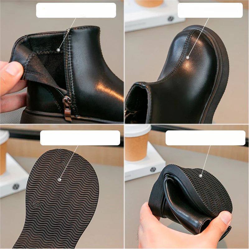 Children Fashion Boots Simple Girls Ankle Boot Black Kids Short Leather Boots Side Zipper Thick Bottom Autumn Winter 2024 New kids_shoes