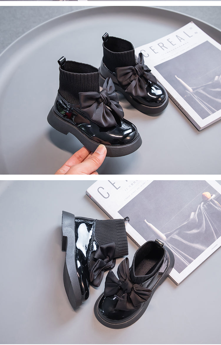 Girls Black Non-slip Kids Fashion Bow Elegant 2026 Glossy UK Uniform Child School Shoes Simple Casual 2026 Sock Boots Breathable kids_shoes