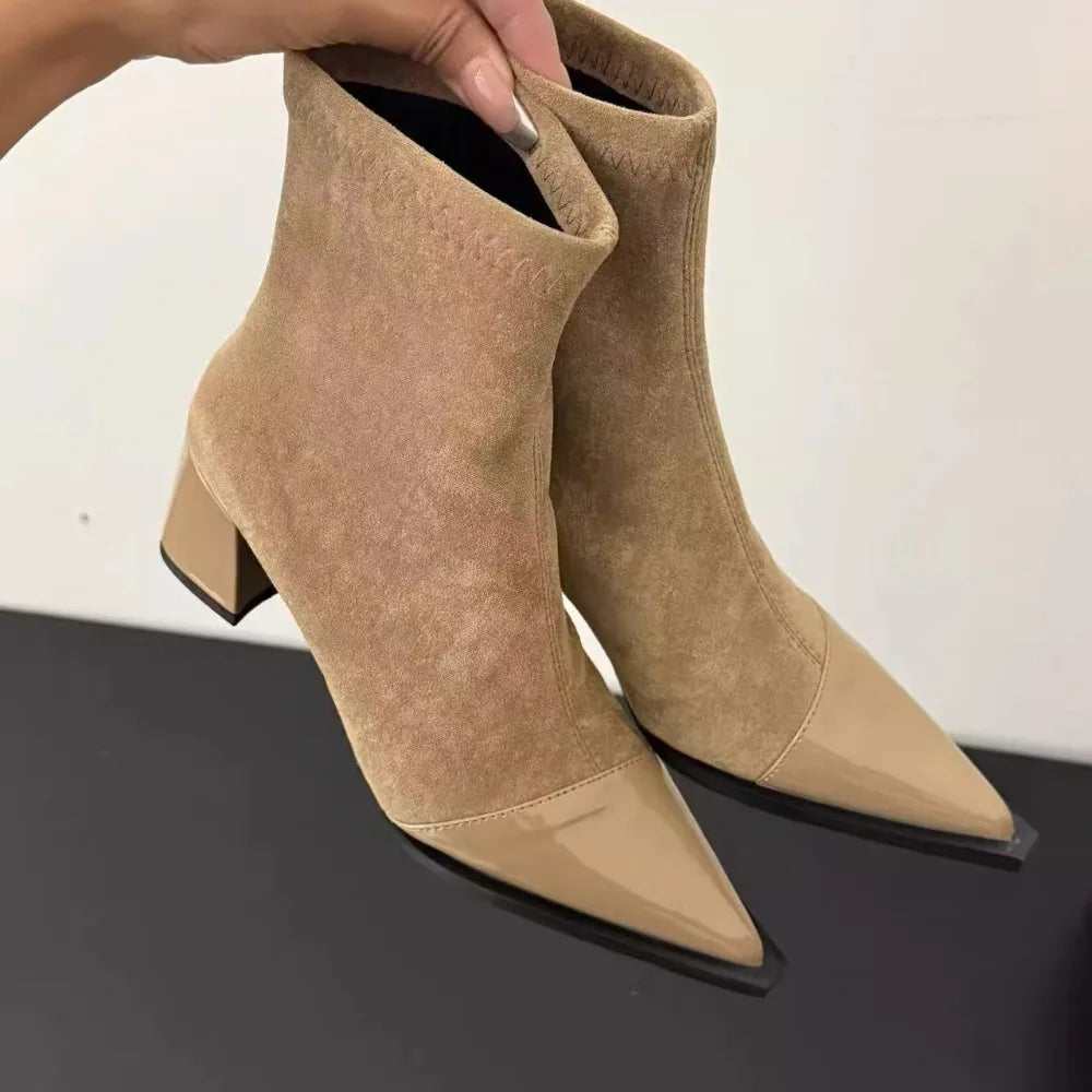 Women's New Autumn Chunky Single Boots Pointed Suede Splicing Anti-slip Wear-resistant Ankle Boots High Heel Short Boots boots_highheel