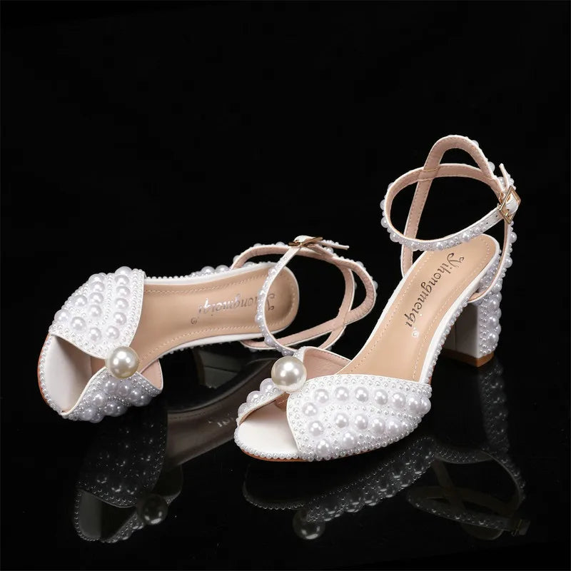 2025 New High Heels Thick Heel Shallow Mouth Women's Pearl Sandals Wedding Shoes Bridesmaid Shoes heels_bridal