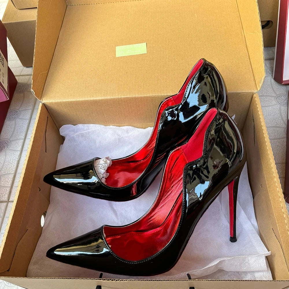 Newly 12cm Women Sexy Glossy Black Patent Pumps Shallow Stilettos Elegant Slip On High Heels Pointed Toe Party Woman Dress Shoes heels_stiletto