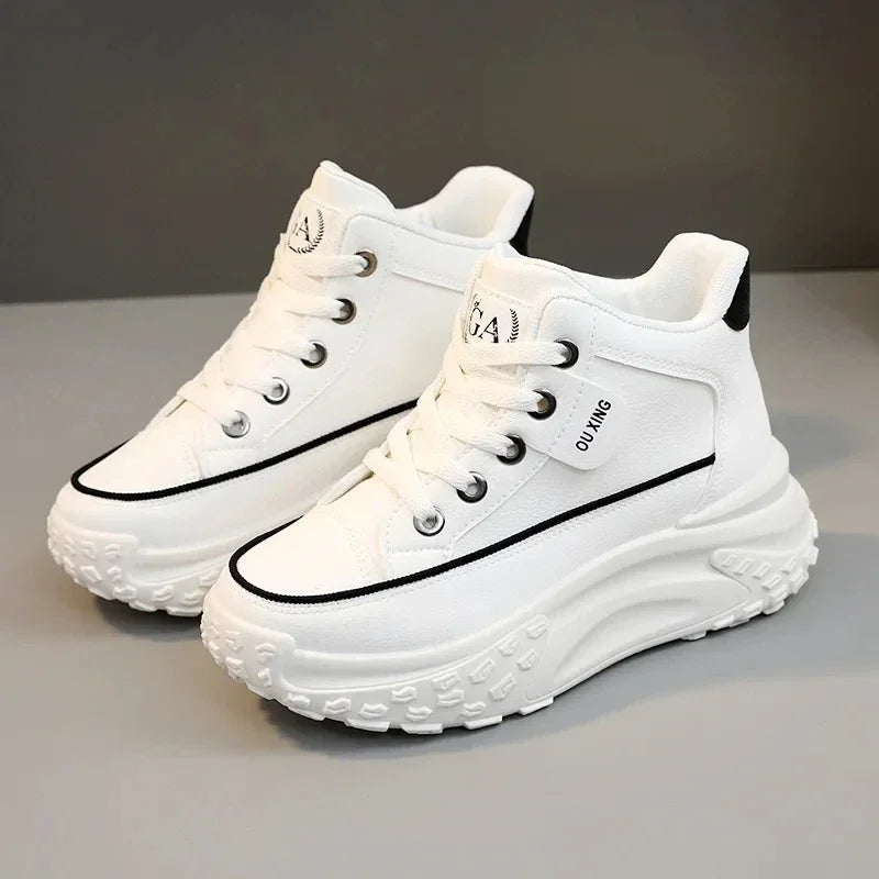 Women's Leather High Top Casual Shoes, Women's 2024 Autumn and Winter New Fashionable Breathable Thick Soled Retro Sports Shoes sneakers_platform