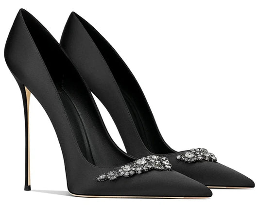 2025 Black Silk High-end Temperament Pointed Head Stiletto High Heels Women heels_stiletto