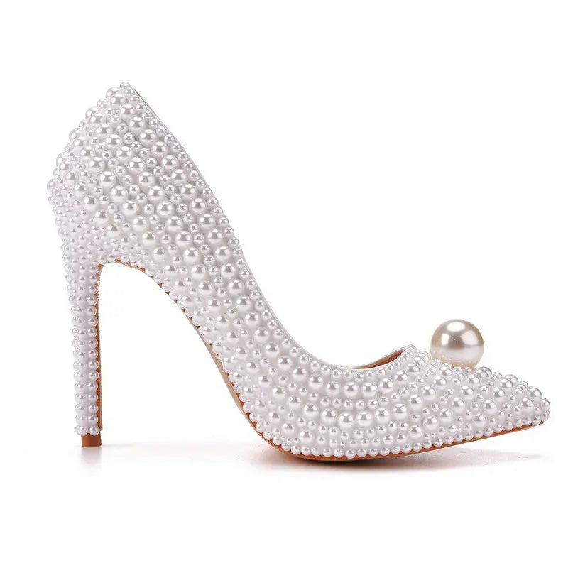 11cm Pearl Wedding Shoes Thin Heel Pointed Single Shoe Large Size Women's Shoes Bride Shoes Dinner Women's Pumps heels_bridal