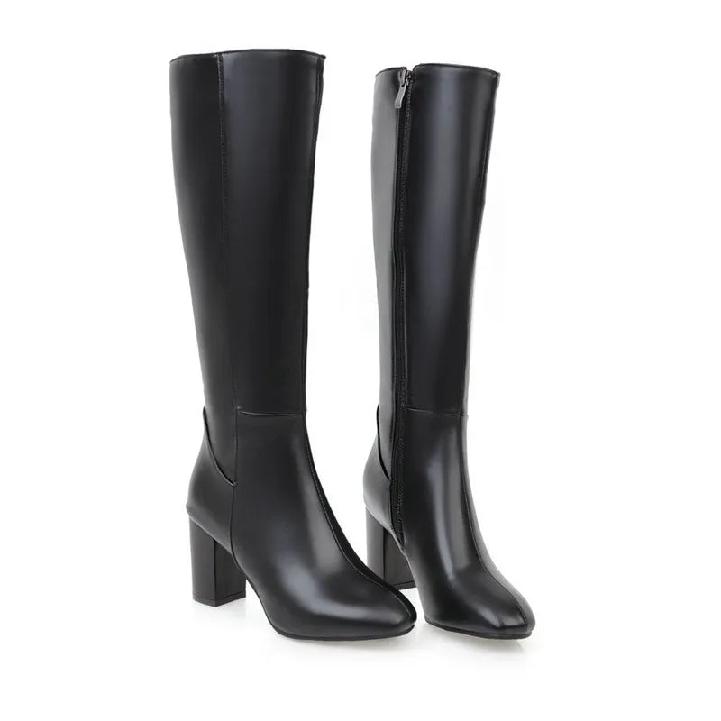 Plus Size 48 Square Toe Knee High Boots Women Side Zipper Winter Warm Long Shoes Comfort Thick Heel 7.5CM Black Leather boots_highheel