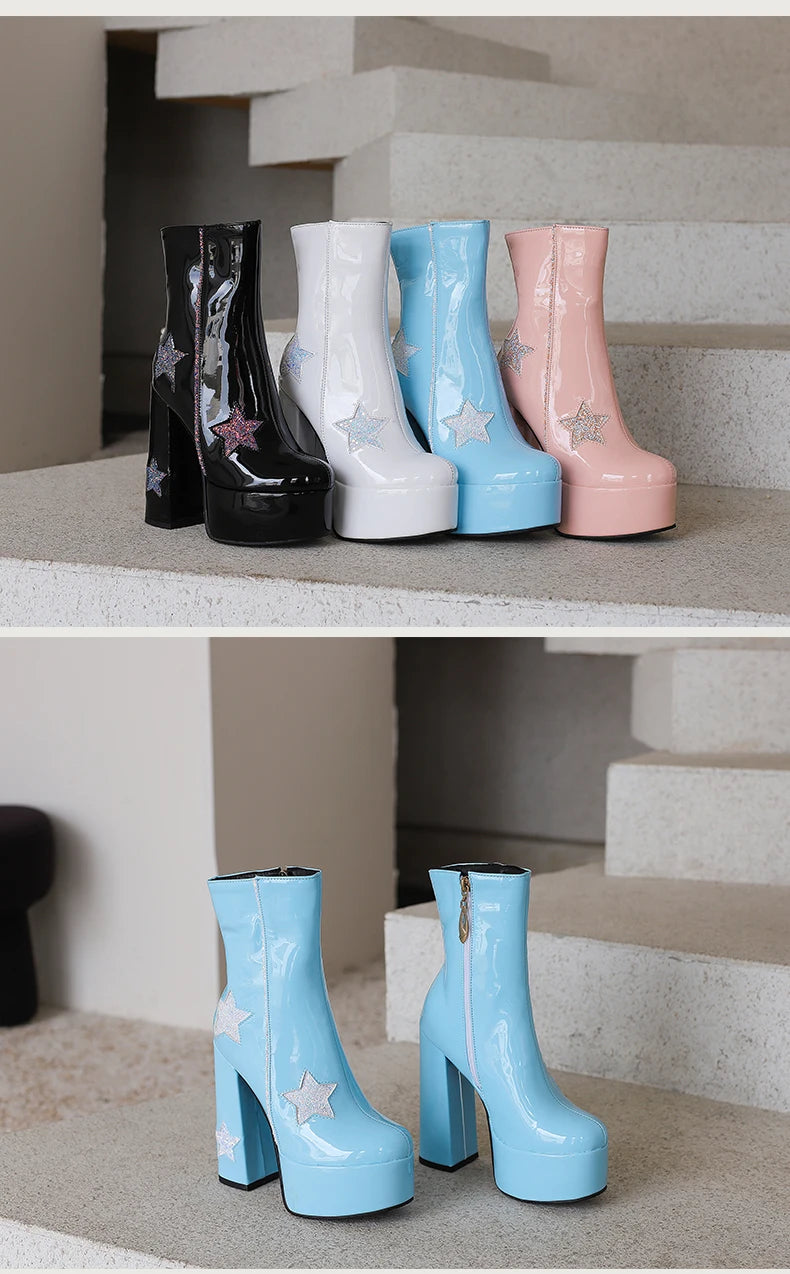 Plus Size Shiny Patent Leather Inlaid With Five-Star Sequin Cloth Super High Platform Women's Short Boots Side Zipper Sweet Boot boots_platform