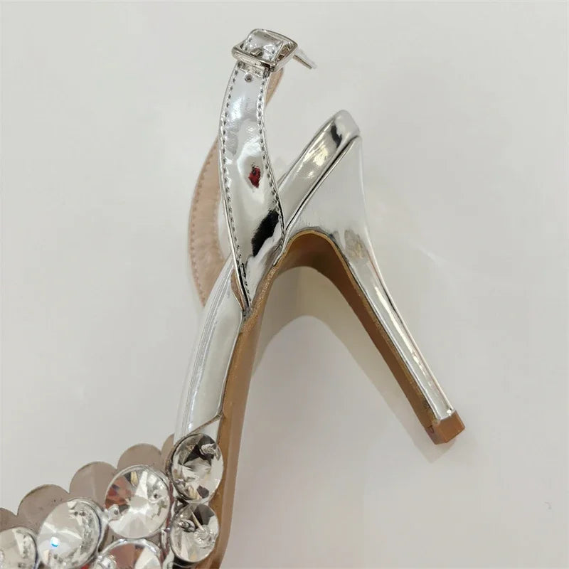 Aneikeh Fashion Stiletto Pumps Summer Silvery Rhinestone Hollow Strap High-heeled Sandals Women Wedding Banquet Shoes heels_stiletto