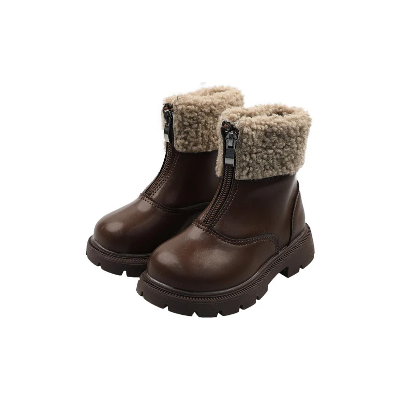 Winter Children's Ankle Boots Warm Simple Toddler Girls Causal Cotton Boots Thick Bottom Trend Kids Fashion Leather Boots Zipper kids_shoes