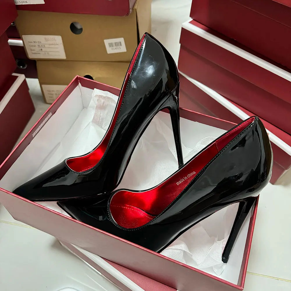 Newly 12cm Women Sexy Glossy Black Patent Pumps Shallow Stilettos Elegant Slip On High Heels Pointed Toe Party Woman Dress Shoes heels_stiletto