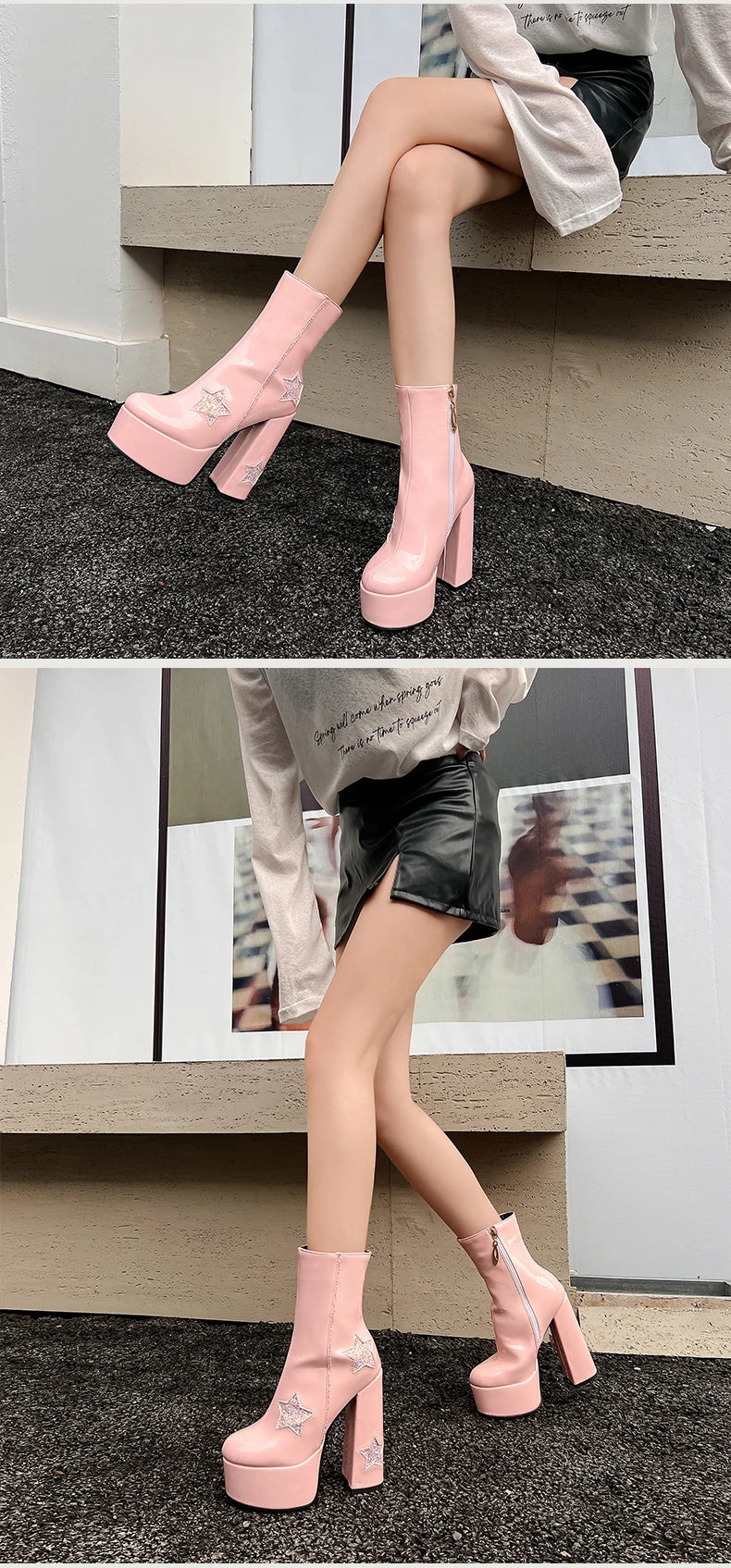 Plus Size Shiny Patent Leather Inlaid With Five-Star Sequin Cloth Super High Platform Women's Short Boots Side Zipper Sweet Boot boots_platform