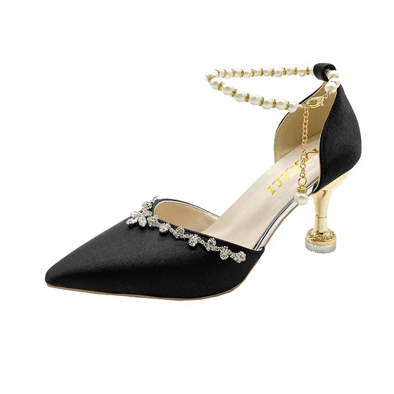 Pointed Toe Baotou Sandals Women's 2025 New Stiletto Hollow Single Shoes Versatile Pearl Strap Women's Shoes heels_bridal
