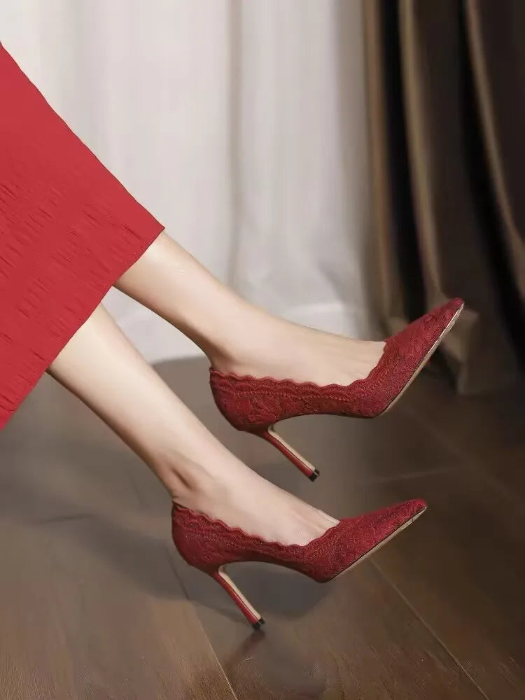 White Wedding Shoes Bridal Shoes Design Sense Niche Lace Pointed Stiletto Heel Shallow French High Heels Female Temperament heels_stiletto