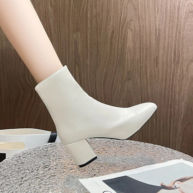 Leather Medium Heeled Short Boots for Women PU Soft Ankle Boots Side Zipper Comfortable Office Women Shoes Square Ladies Boats boots_highheel