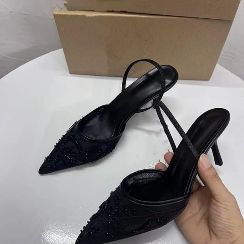 Women's Mesh Floral Embroidered Slingback High Heels Female Open Heel Pearl Studded Pointed Toe Sandals Sexy Stiletto Lady Mules heels_stiletto