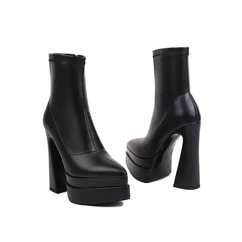 REAVE CAT Ladies Boots 15cm Shaft Stretchy Pointed Toe High Heel 6 inch Platform 5cm Big Size 46 Party boots_platform