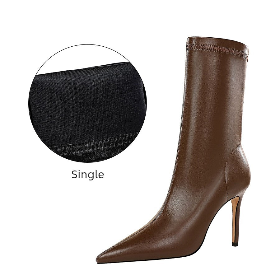 Brown Spring and Autumn Stiletto Retro plus Size Mid Short Boots boots_highheel