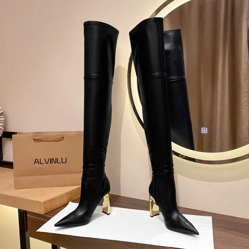 Fashion Autumn Winter Soft Leather Stretch Women Thigh high Boots Elegant Pointed toe High heels Over the knee Boots Party Shoes boots_highheel