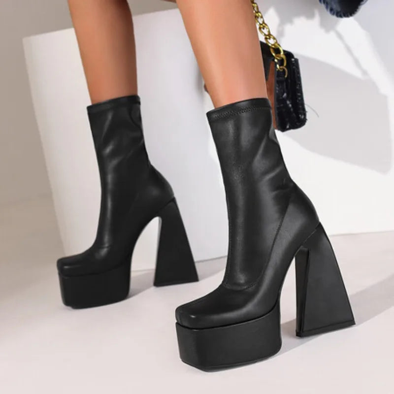 Stretch Punk Style Gothic Chunky Platform Ankle Boots for Women Autumn Winter Shoes Ladies Strange High Heels Boots Booties boots_platform