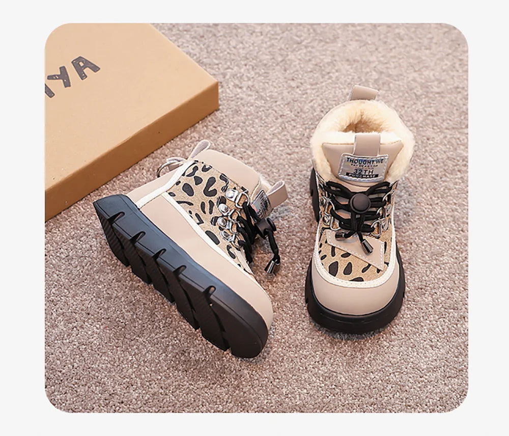 Leopard Fashion Snow Boots For Children Thick Warm Teenager Kid's Plush Boots Trend Fashion Boy's Girl's Warm Ankle Boots