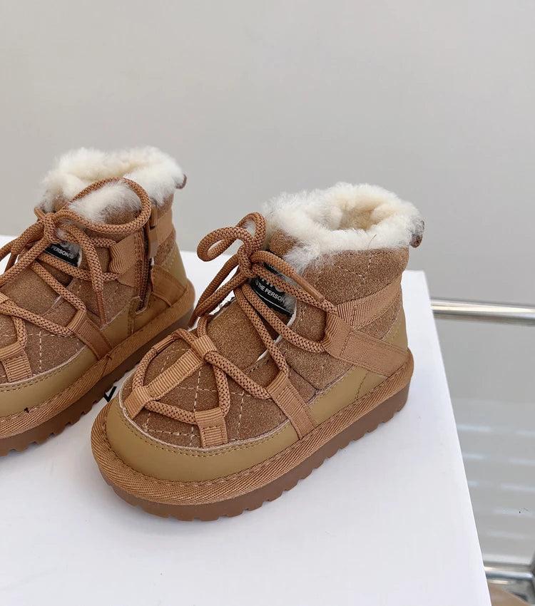 2025 New Winter Children Snow Boots Genuine Leather Warm Plush Toddler Boys Shoes Non-slip Fashion Baby Girls Boots 1-6 Years