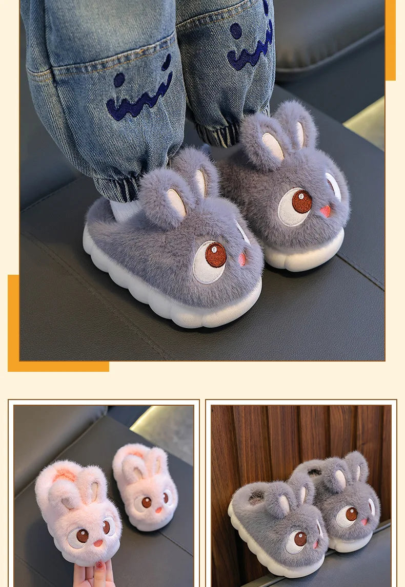 Winter Children's Cotton Shoes 2025 New Cute Rabbits Warm Plush Girls' Slippers Faux Fur Anti Slip Flat Boys' Home Slippers kids_shoes
