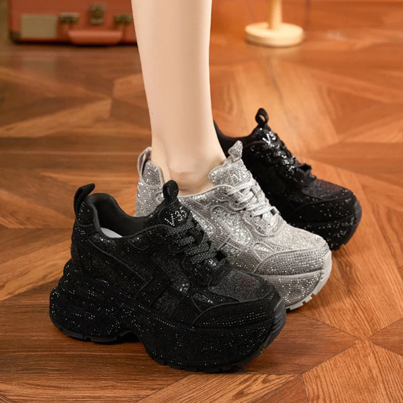 Women's Rhinestone Shoes Autumn Fashionable and Versatile Inner Height Increasing Women's Shoes Thick-soled Casual Sports Shoes sneakers_platform