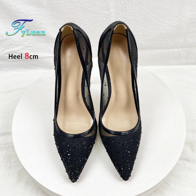 Breathable Mesh Rhinestone Shoes Women 8CM 10CM 12CM Stiletto Pumps Fashion Pointed Toe Summer Evening Party High Heels Black heels_stiletto