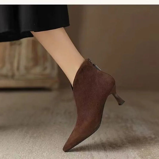 Brown suede short boots 2025 autumn-winter new style pointedtoe lowheeled nude boots with a back zipper large size women's boots boots_highheel