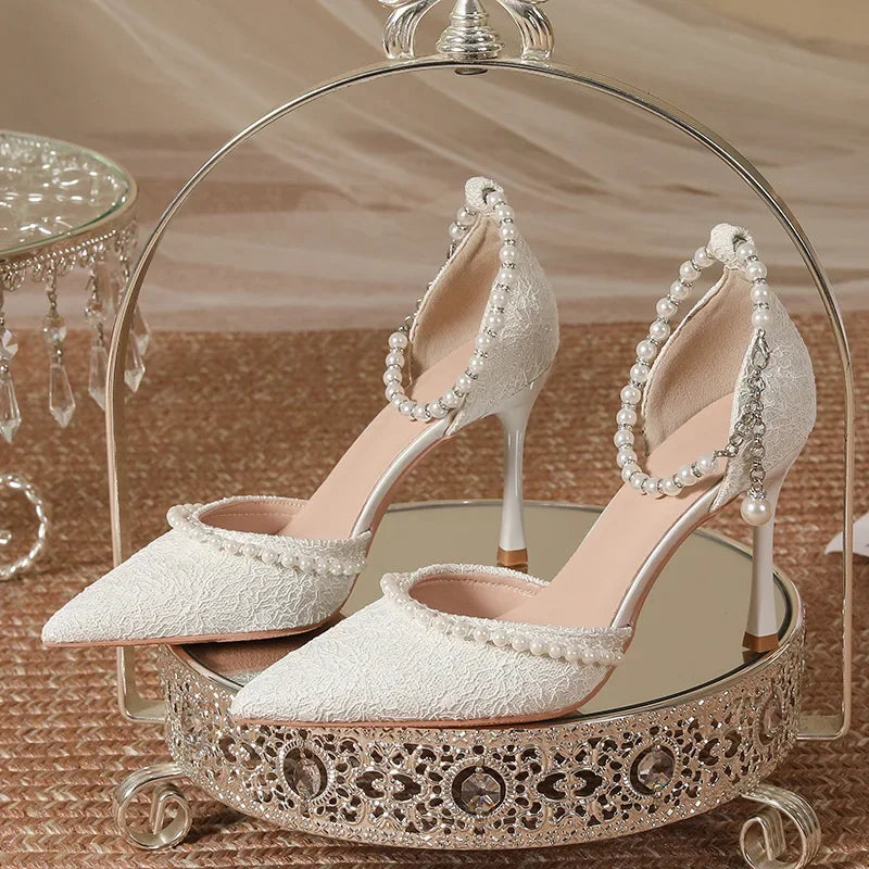 Size 30-44 Pearls Strap High Heels Lace Women White Wedding Shoes Stiletto Heel Point Toe Bride Bridesmaid heels_bridal