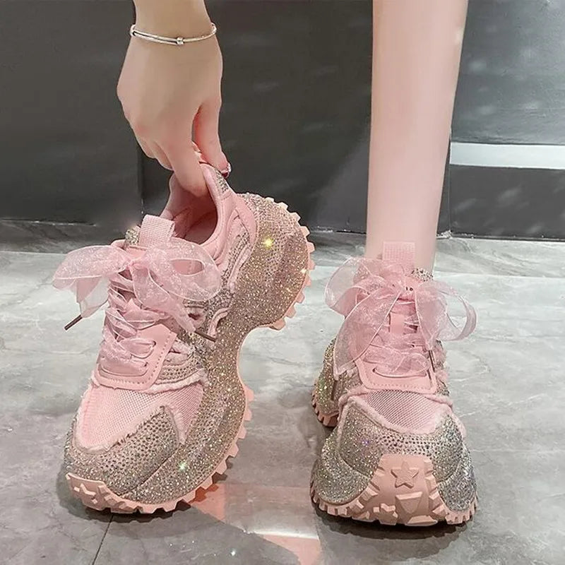 Luxury Women's Rhinestone Mesh Shoes Autumn Fashionable Versatile Inner Height Increasing Women Thick-soled Casual Sports Shoes sneakers_platform sneakers_luxury