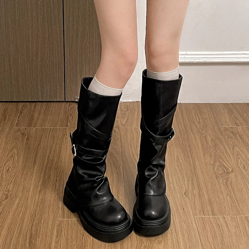 Vintage Thick Heel Women Knight Long Boots Fashion Slip On Knee High Booties Autumn Winter Shoes Zapatos De Mujer boots_platform