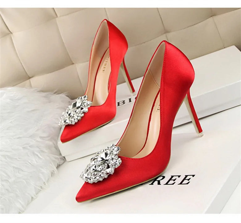 CINESSD Silver Gray Black Women Bridal Wedding Shoes Faux Silk Satin Rhinestone Crystal Shallow Woman Pumps Stiletto High Heel heels_stiletto