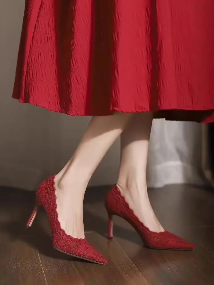 White Wedding Shoes Bridal Shoes Design Sense Niche Lace Pointed Stiletto Heel Shallow French High Heels Female Temperament heels_stiletto